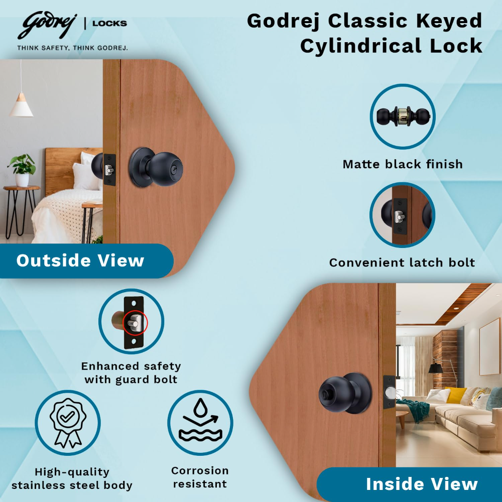 Godrej Cylinder Lock | Single Panel Door Lock | Suitable for Bedroom Doors  & Inter-Connected Doors for Commercial Space | Keyped | Matte Black Finish | Door Thickness 32mm to 45mm | 5 Years Warranty